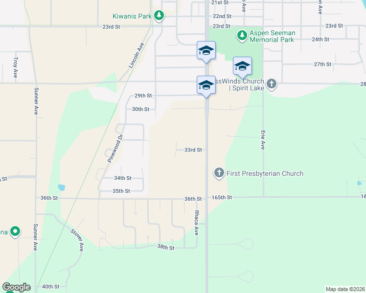 map of restaurants, bars, coffee shops, grocery stores, and more near 922 33rd Street in Spirit Lake
