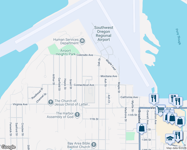 map of restaurants, bars, coffee shops, grocery stores, and more near 2588 Montana Avenue in North Bend