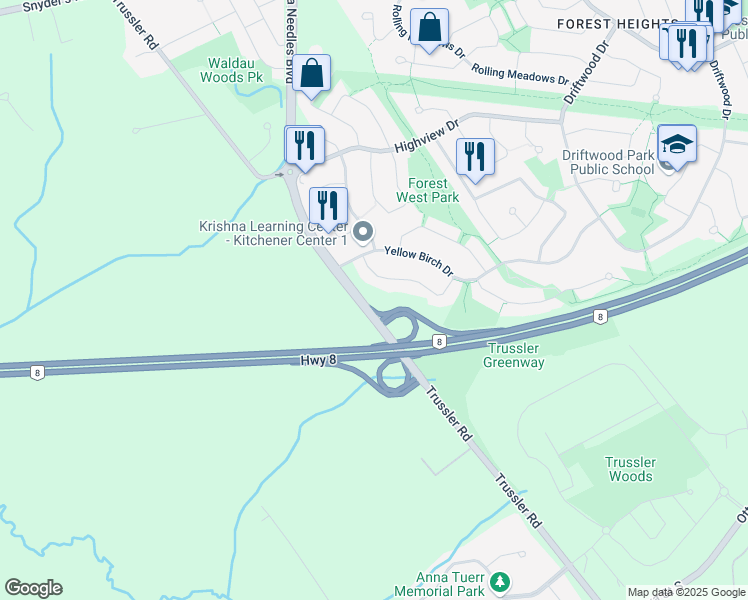 map of restaurants, bars, coffee shops, grocery stores, and more near 400 Ira Needles Boulevard in Kitchener
