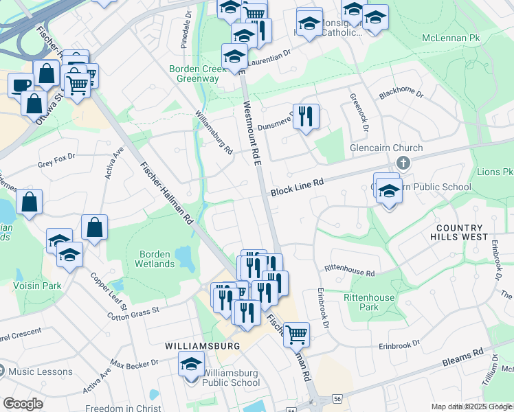 map of restaurants, bars, coffee shops, grocery stores, and more near 10 Highbrook Street in Kitchener