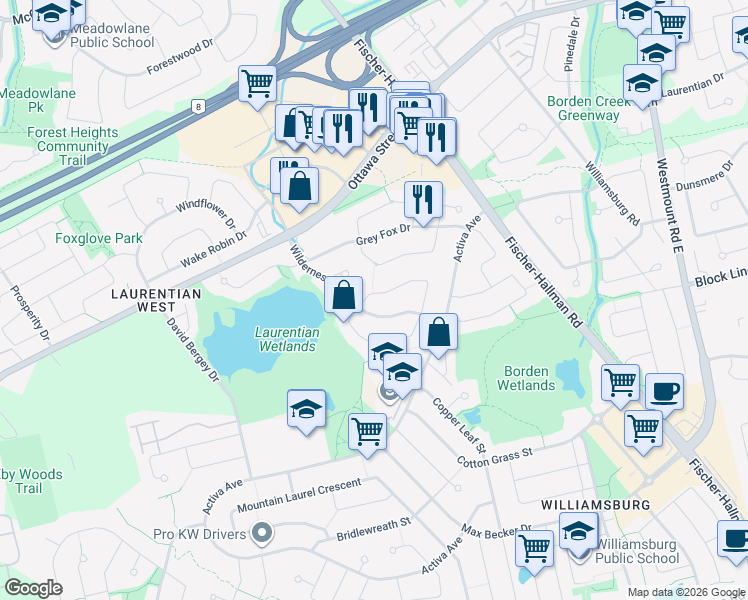 map of restaurants, bars, coffee shops, grocery stores, and more near 98 Mountain Mint Crescent in Kitchener