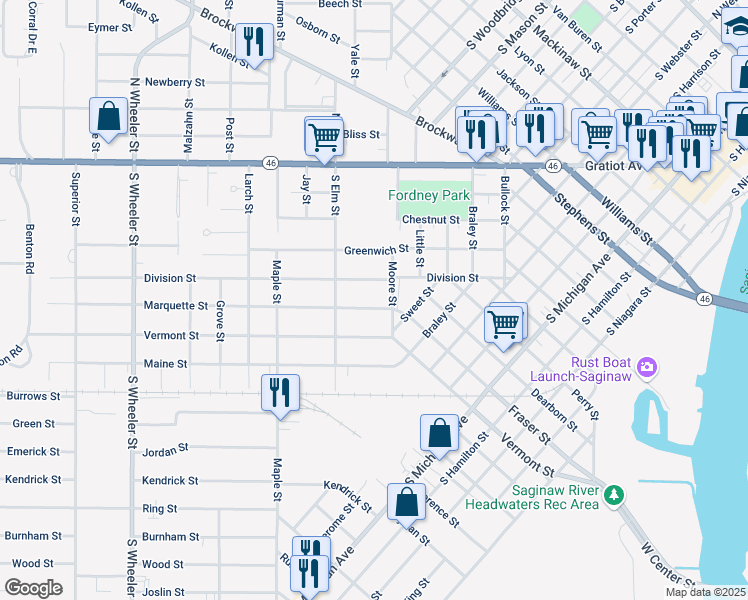 map of restaurants, bars, coffee shops, grocery stores, and more near 1402 Division Street in Saginaw