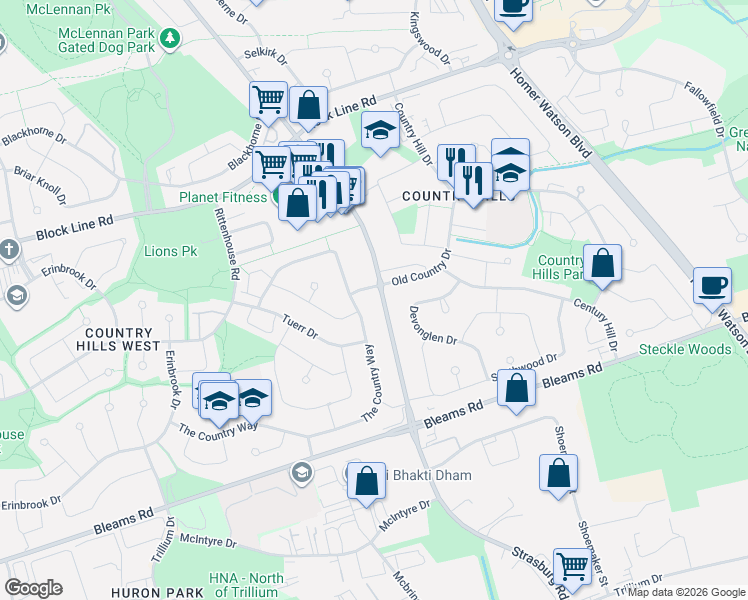 map of restaurants, bars, coffee shops, grocery stores, and more near 136 Old Country Drive in Kitchener