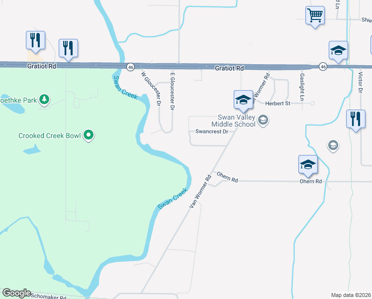 map of restaurants, bars, coffee shops, grocery stores, and more near 8981 Crooked Creek Drive in Saginaw