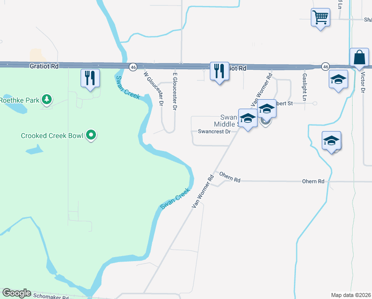 map of restaurants, bars, coffee shops, grocery stores, and more near 8981 Crooked Creek Drive in Saginaw