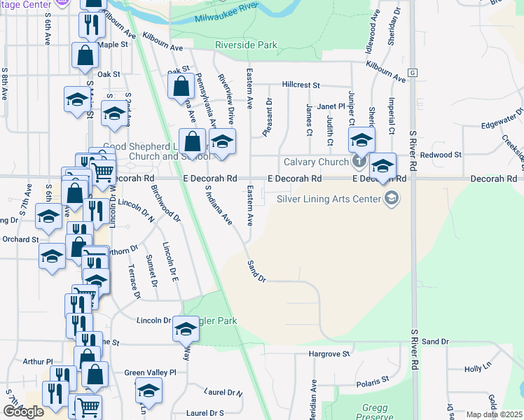 map of restaurants, bars, coffee shops, grocery stores, and more near 837 Eastern Avenue in West Bend