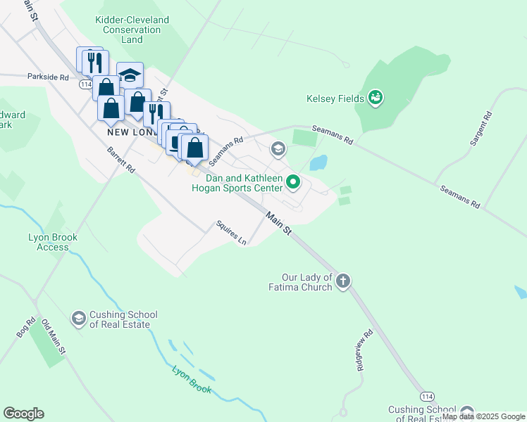 map of restaurants, bars, coffee shops, grocery stores, and more near Main Street in New London