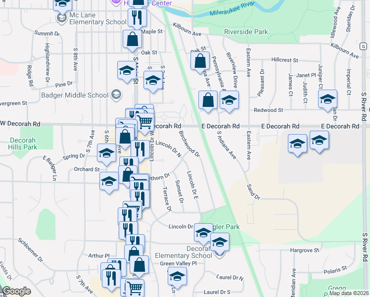map of restaurants, bars, coffee shops, grocery stores, and more near 824 Birchwood Drive in West Bend