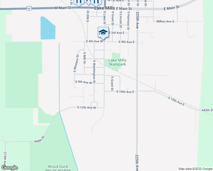 map of restaurants, bars, coffee shops, grocery stores, and more near 1001 South Lake Street in Lake Mills