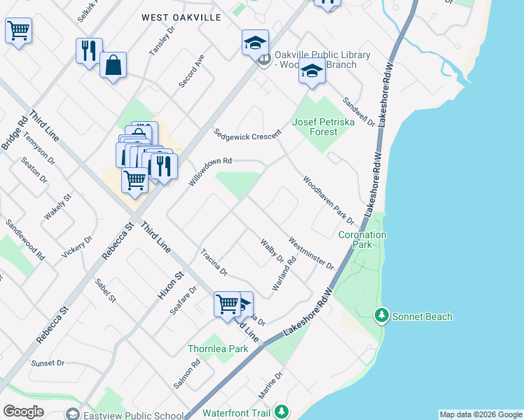 map of restaurants, bars, coffee shops, grocery stores, and more near 184 Westminster Drive in Oakville