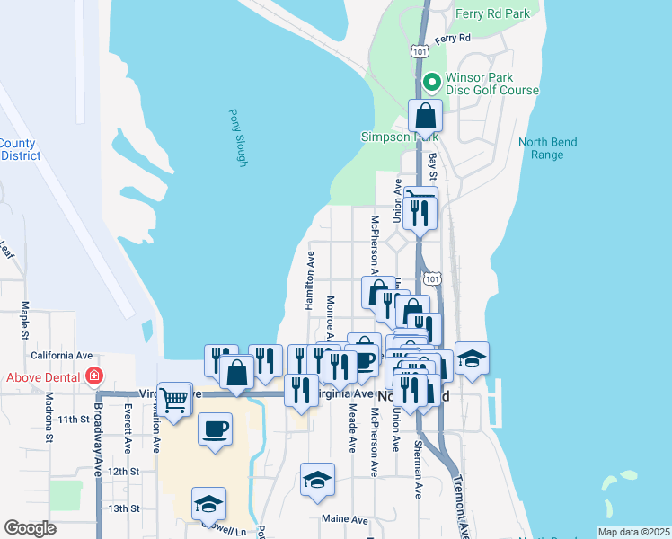 map of restaurants, bars, coffee shops, grocery stores, and more near 1620 Monroe Avenue in North Bend