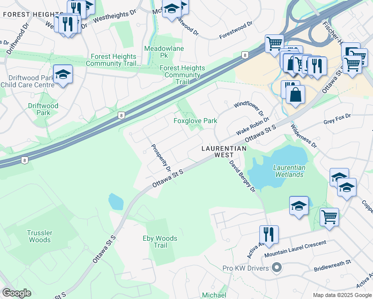 map of restaurants, bars, coffee shops, grocery stores, and more near 85 Everglade Crescent in Kitchener