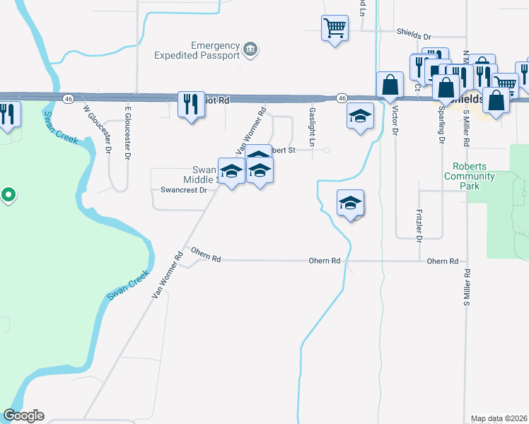 map of restaurants, bars, coffee shops, grocery stores, and more near 453 Van Wormer Road in Saginaw