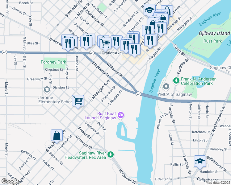 map of restaurants, bars, coffee shops, grocery stores, and more near 915 South Niagara Street in Saginaw