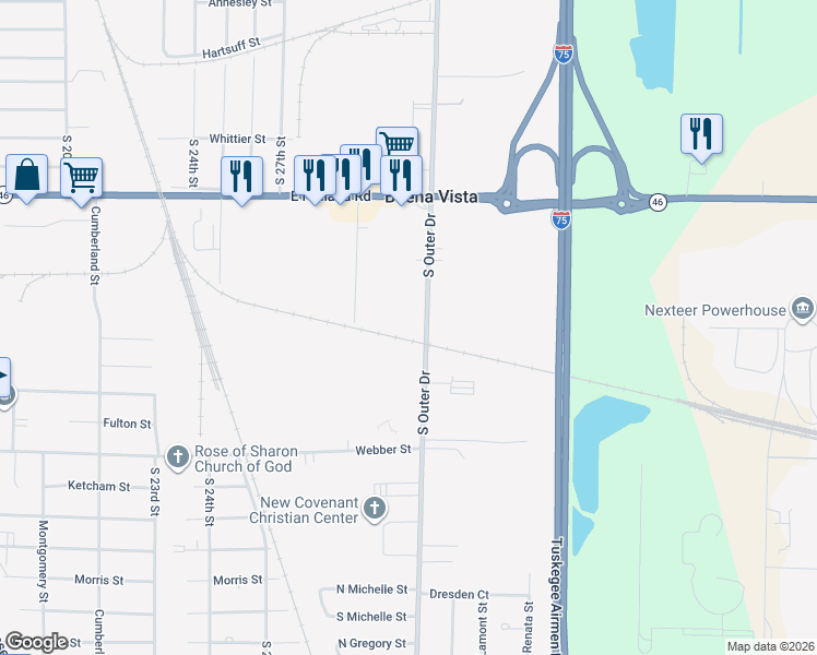 map of restaurants, bars, coffee shops, grocery stores, and more near 1615 South Outer Drive in Saginaw