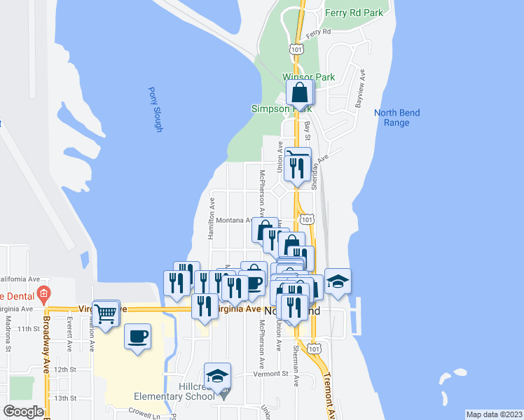 map of restaurants, bars, coffee shops, grocery stores, and more near 1666 McPherson Street in North Bend