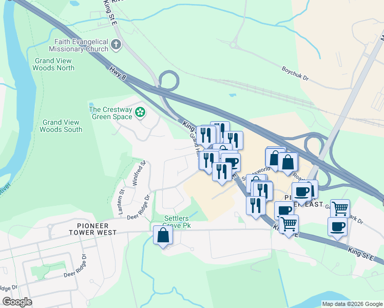 map of restaurants, bars, coffee shops, grocery stores, and more near 18 Folleys Lane in Kitchener