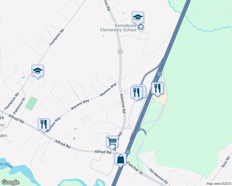 map of restaurants, bars, coffee shops, grocery stores, and more near 98 Alewive Road in Kennebunk