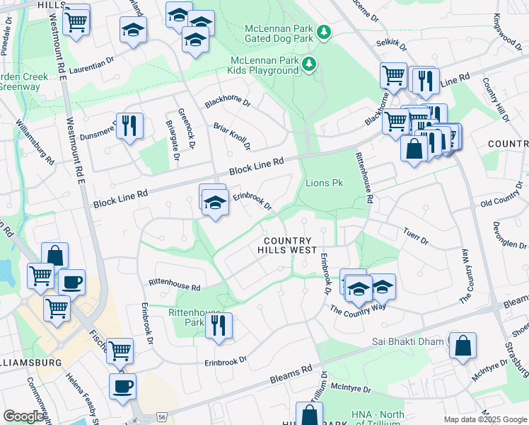 map of restaurants, bars, coffee shops, grocery stores, and more near 7 Uxbridge Crescent in Kitchener