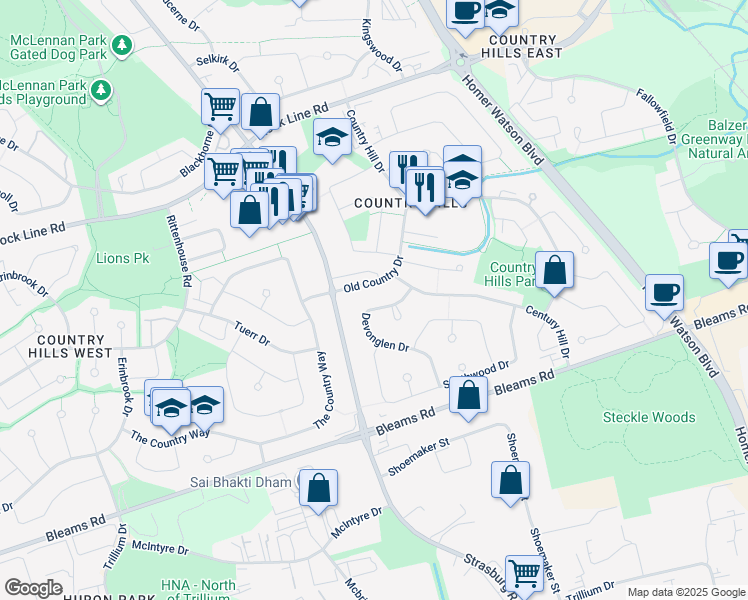 map of restaurants, bars, coffee shops, grocery stores, and more near 37 Devonglen Drive in Kitchener