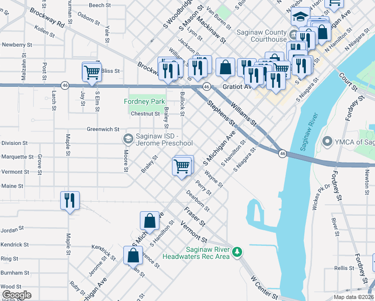 map of restaurants, bars, coffee shops, grocery stores, and more near 1120 South Harrison Street in Saginaw