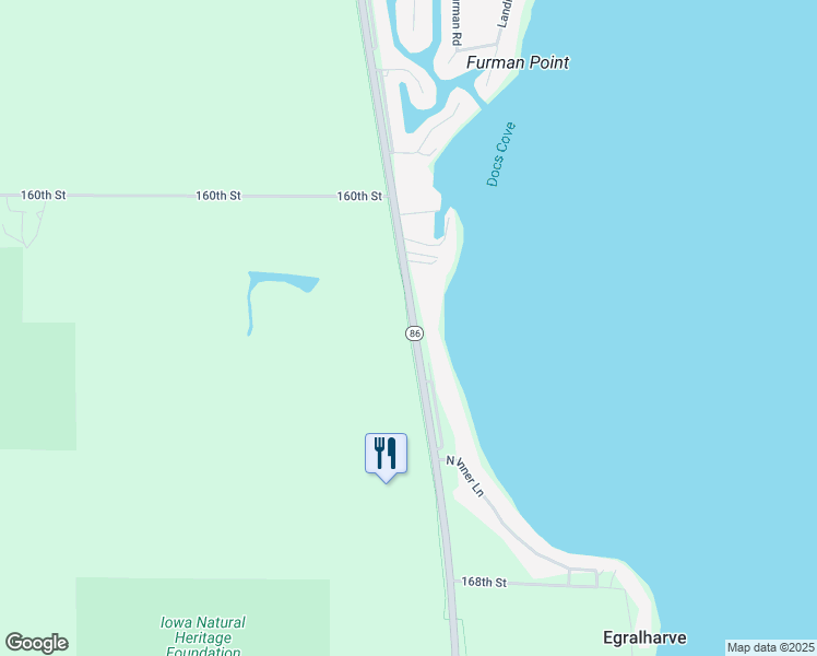 map of restaurants, bars, coffee shops, grocery stores, and more near Great Lakes Spine Trail in Spirit Lake