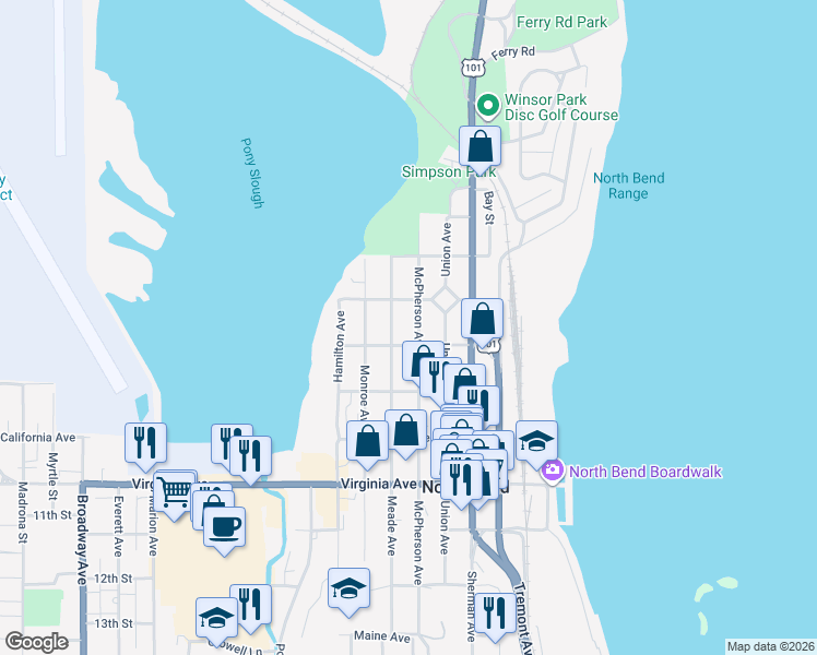 map of restaurants, bars, coffee shops, grocery stores, and more near 1664 McPherson Avenue in North Bend