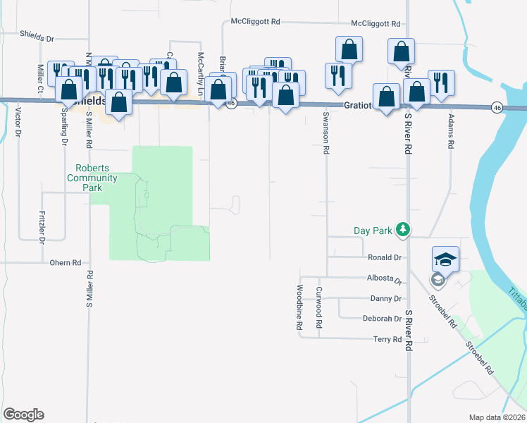 map of restaurants, bars, coffee shops, grocery stores, and more near 610 Lutzke Road in Saginaw