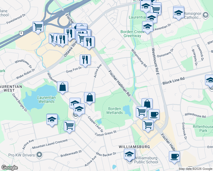 map of restaurants, bars, coffee shops, grocery stores, and more near 53 Bush Clover Crescent in Kitchener