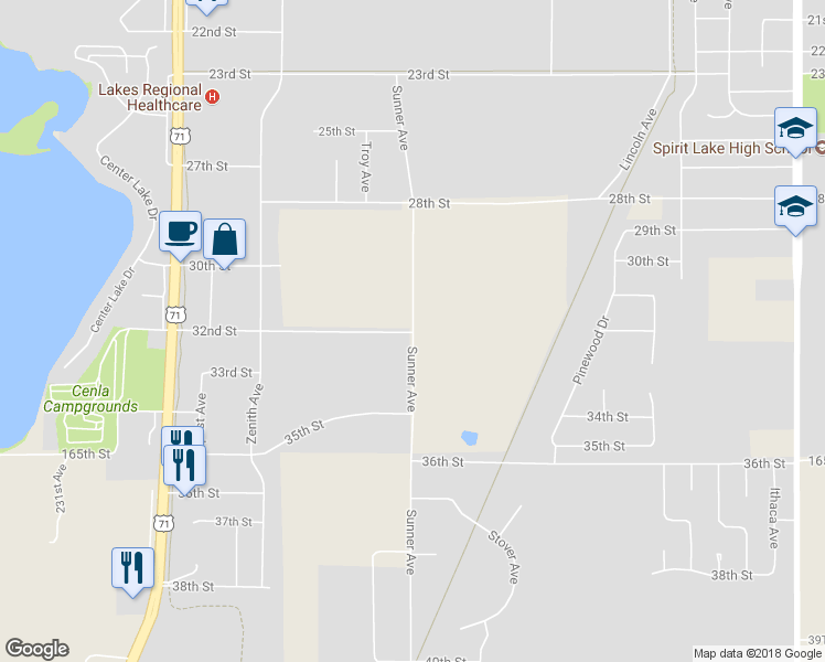 map of restaurants, bars, coffee shops, grocery stores, and more near 3300 Sunner Avenue in Spirit Lake