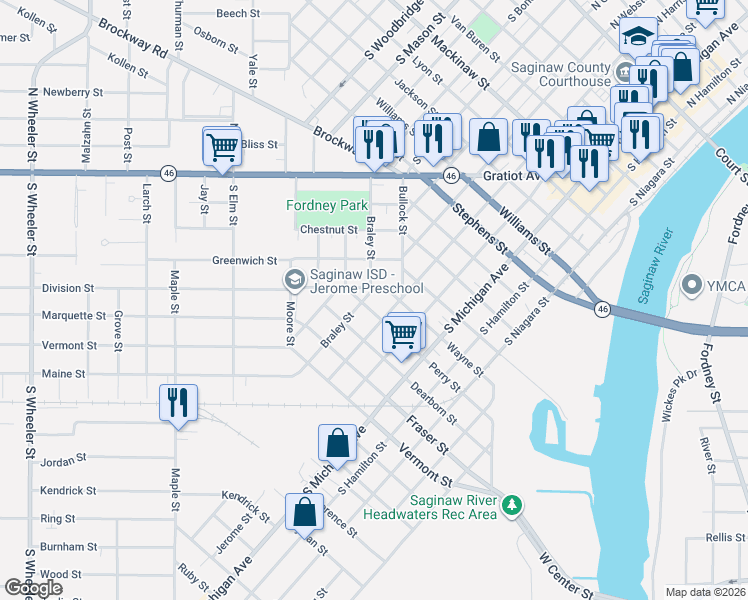 map of restaurants, bars, coffee shops, grocery stores, and more near 1010 Division Street in Saginaw