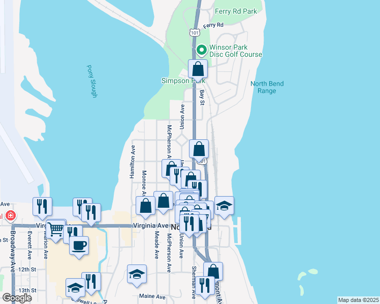 map of restaurants, bars, coffee shops, grocery stores, and more near 1672 Sherman Avenue in North Bend