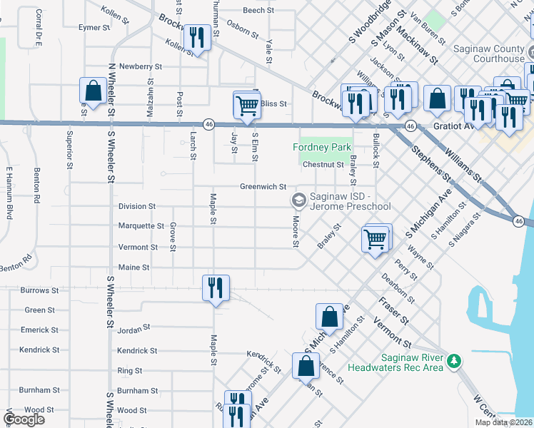 map of restaurants, bars, coffee shops, grocery stores, and more near 1445 Division Street in Saginaw