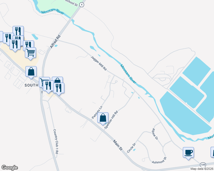 map of restaurants, bars, coffee shops, grocery stores, and more near 12 Pebble Lane in Sanford