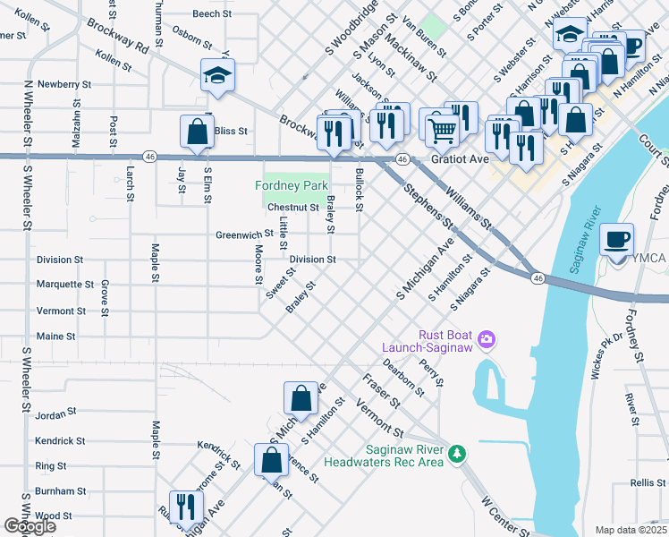 map of restaurants, bars, coffee shops, grocery stores, and more near 1304 Braley Street in Saginaw