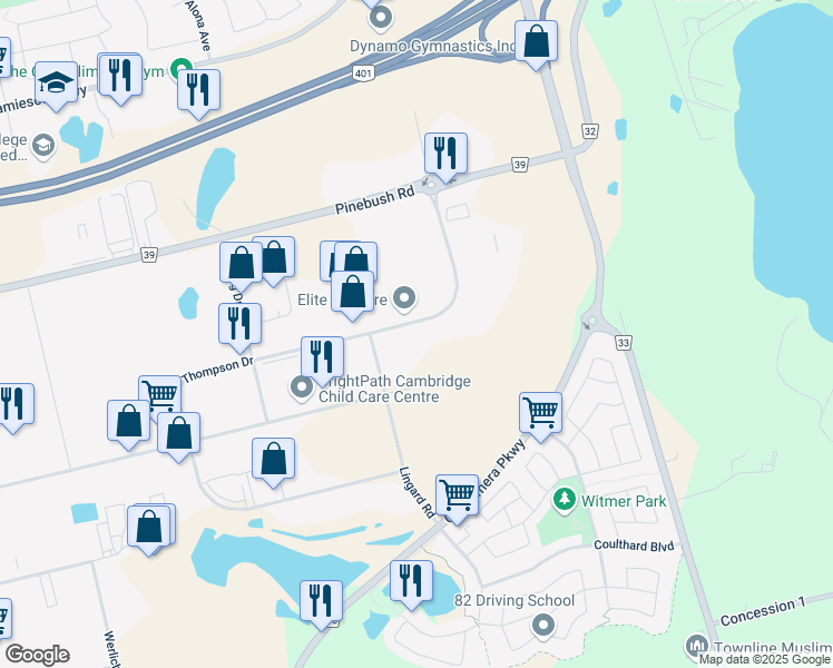 map of restaurants, bars, coffee shops, grocery stores, and more near 425-475 Thompson Dr in Cambridge