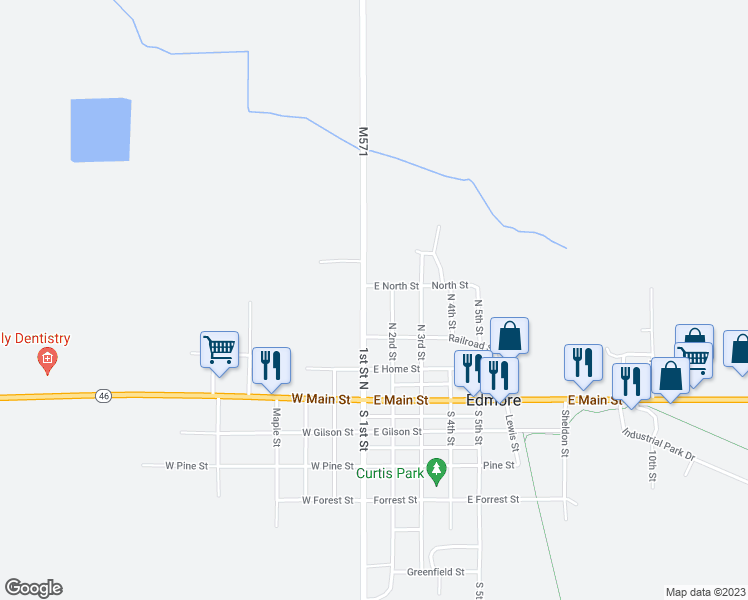 map of restaurants, bars, coffee shops, grocery stores, and more near 108 East North Street in Edmore