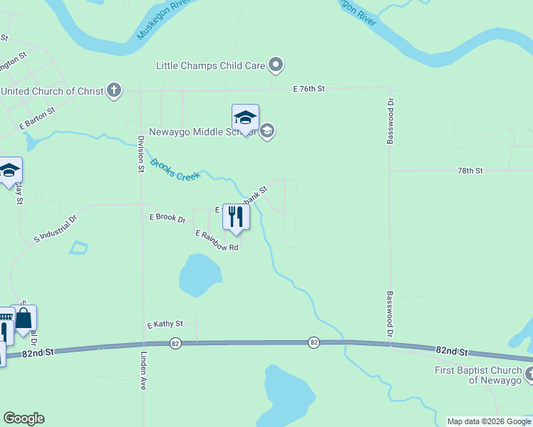 map of restaurants, bars, coffee shops, grocery stores, and more near 632 South Coho Lane in Newaygo
