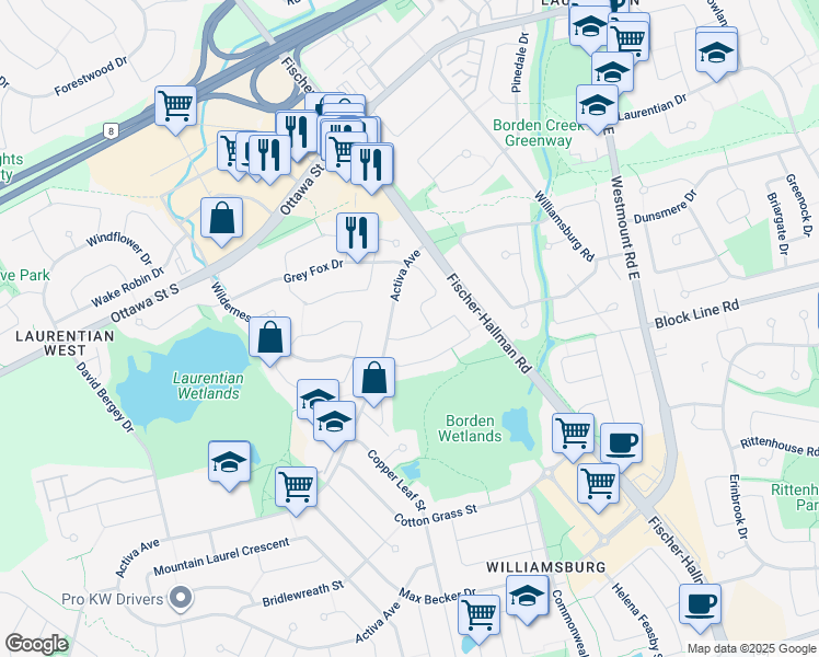 map of restaurants, bars, coffee shops, grocery stores, and more near in Kitchener