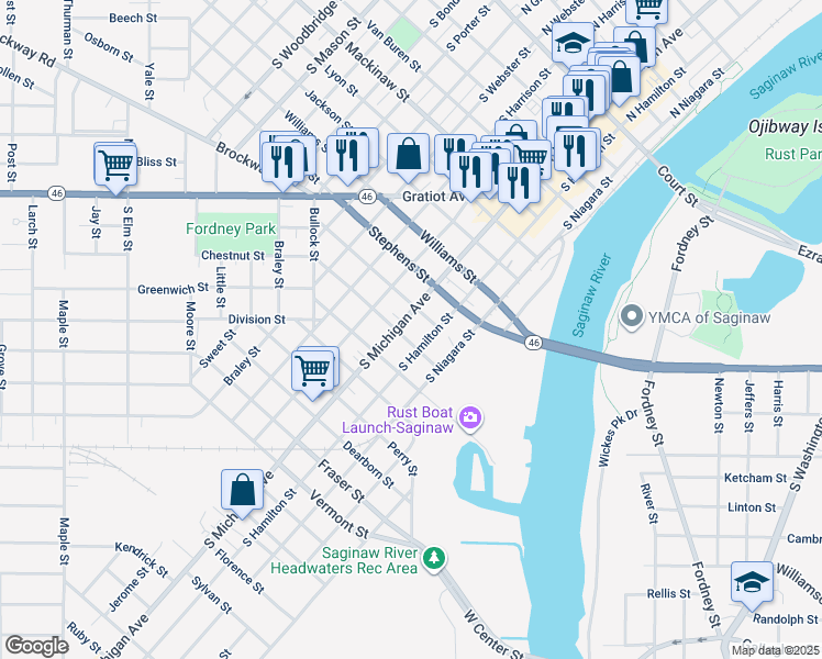 map of restaurants, bars, coffee shops, grocery stores, and more near 1002 South Michigan Avenue in Saginaw