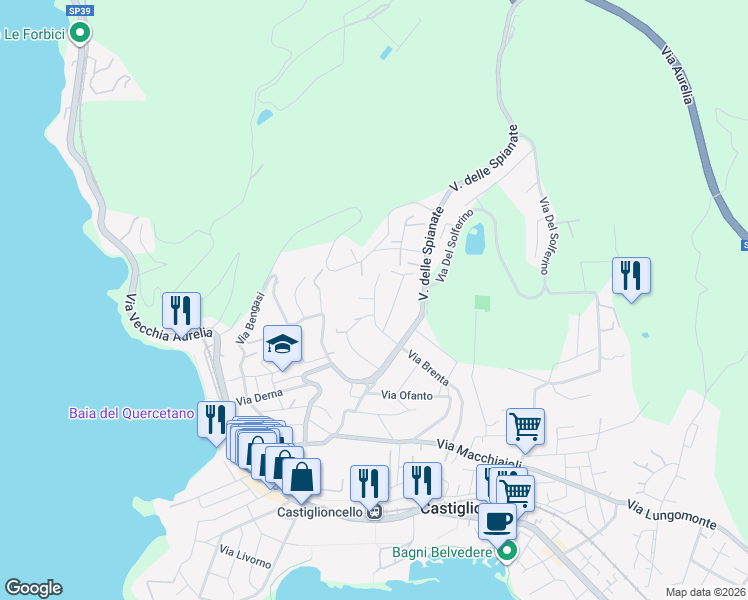 map of restaurants, bars, coffee shops, grocery stores, and more near 26 Via Ticino in Rosignano Solvay-Castiglioncello