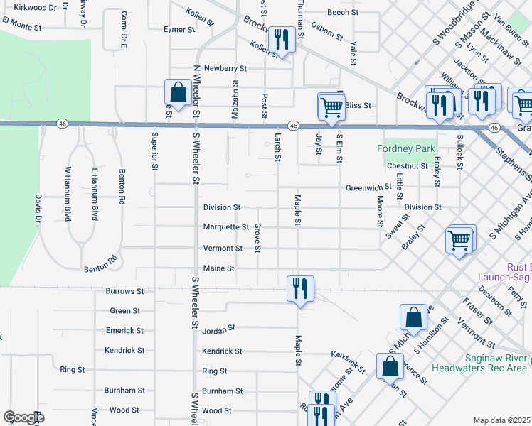 map of restaurants, bars, coffee shops, grocery stores, and more near 423 Larch Street in Saginaw