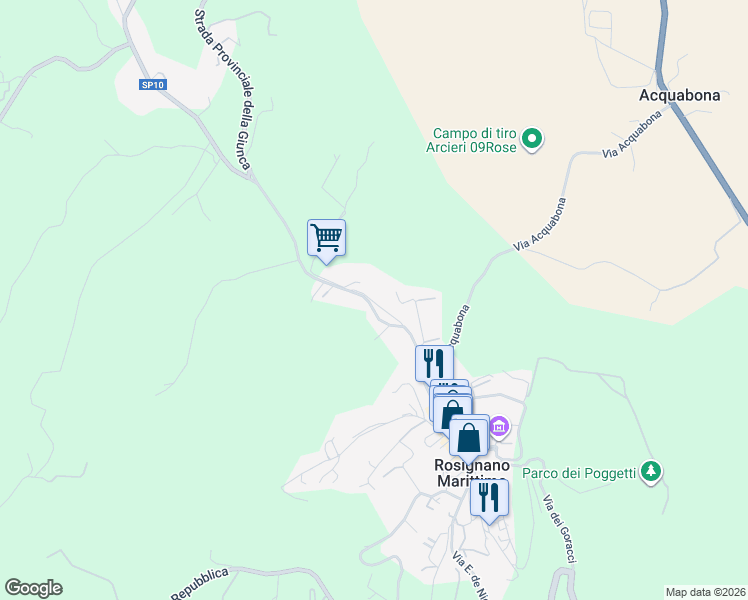 map of restaurants, bars, coffee shops, grocery stores, and more near 53 Via Molino a Vento in Rosignano Marittimo