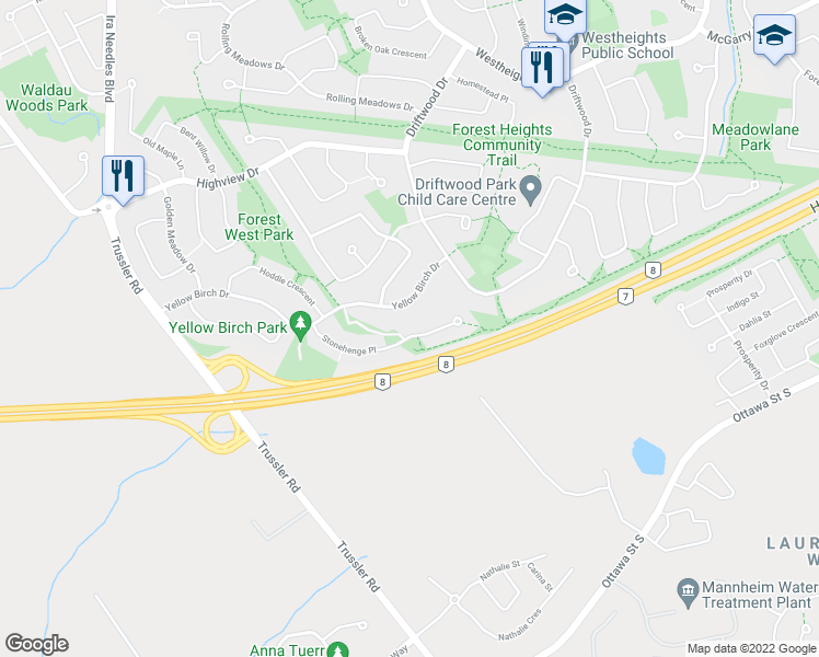 map of restaurants, bars, coffee shops, grocery stores, and more near 102 Stonehenge Place in Kitchener