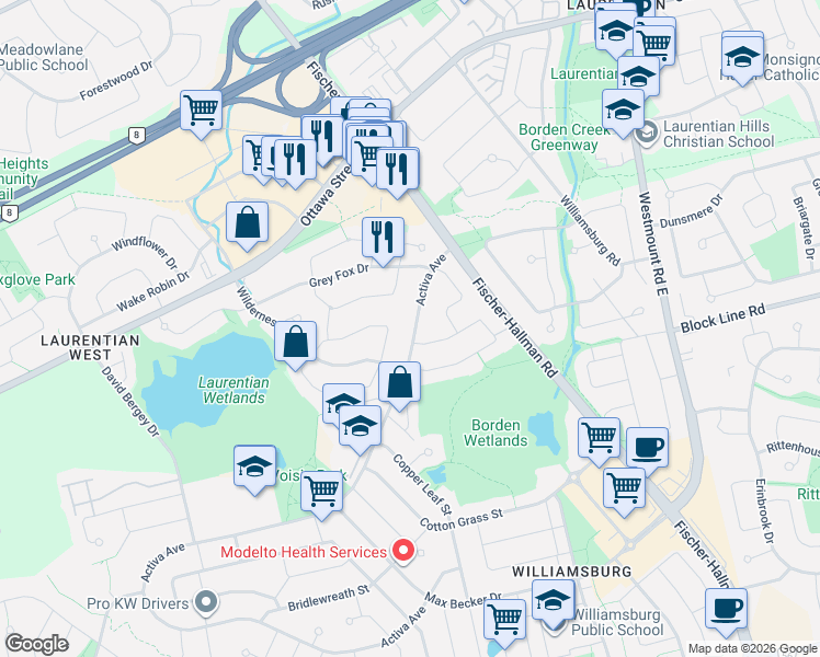 map of restaurants, bars, coffee shops, grocery stores, and more near 55 Activa Avenue in Kitchener
