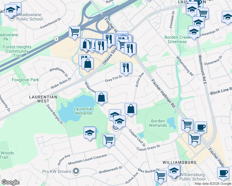 map of restaurants, bars, coffee shops, grocery stores, and more near 98 Mountain Mint Crescent in Kitchener