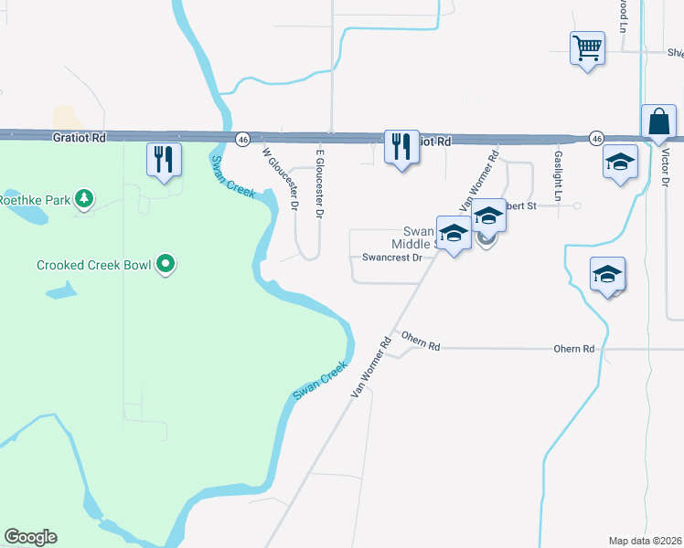 map of restaurants, bars, coffee shops, grocery stores, and more near 8981 Crooked Creek Drive in Saginaw