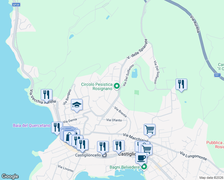 map of restaurants, bars, coffee shops, grocery stores, and more near 33 Via delle Spianate in Rosignano Solvay-Castiglioncello