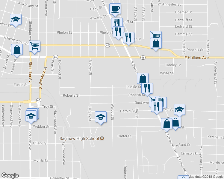 map of restaurants, bars, coffee shops, grocery stores, and more near 3134 Ruckle Street in Saginaw