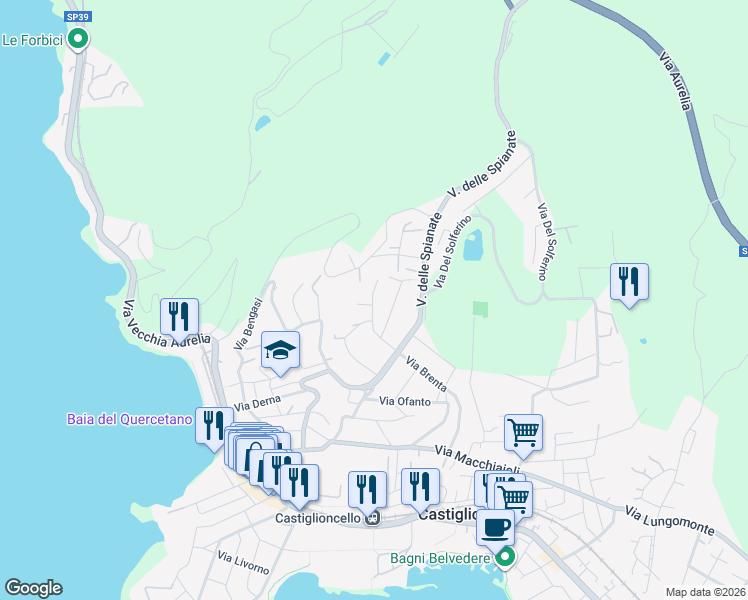map of restaurants, bars, coffee shops, grocery stores, and more near 26 Via Ticino in Rosignano Solvay-Castiglioncello